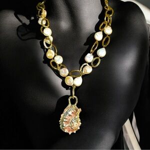 Artisan Conch Shell & White Keshi Teardrop Pearl Necklace With Silver Metalwork